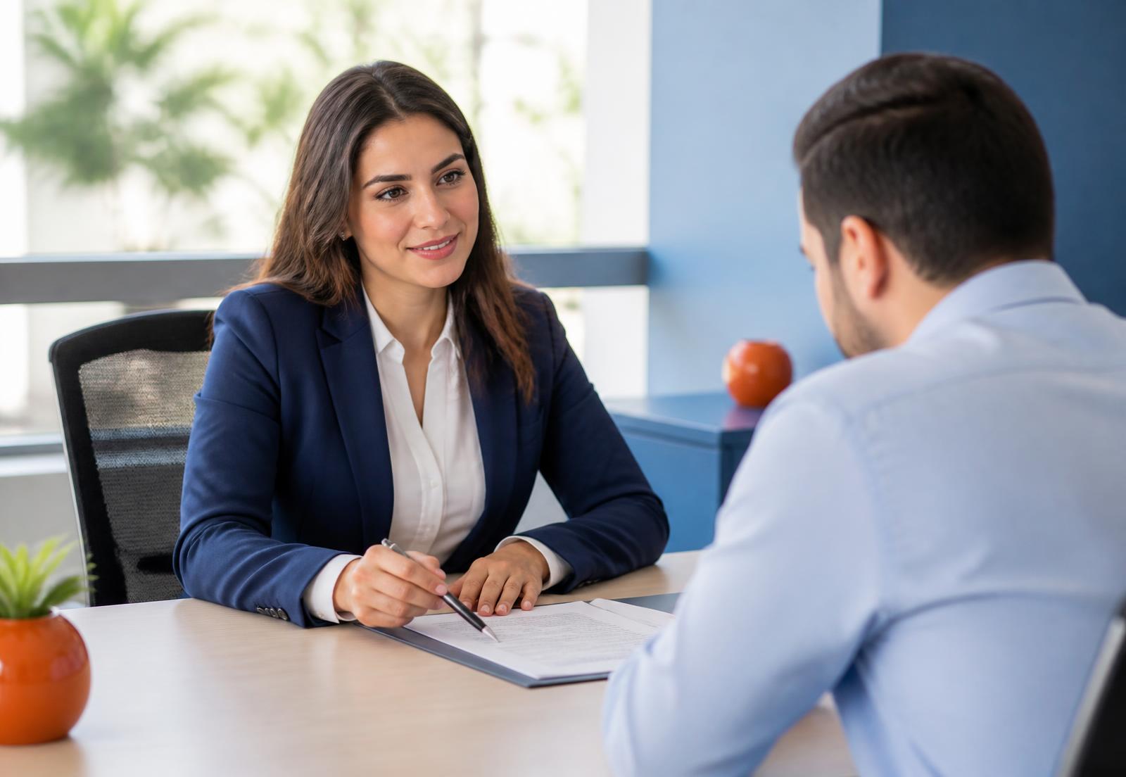 Consultora explicando informações de crédito a um cliente em um escritório iluminado